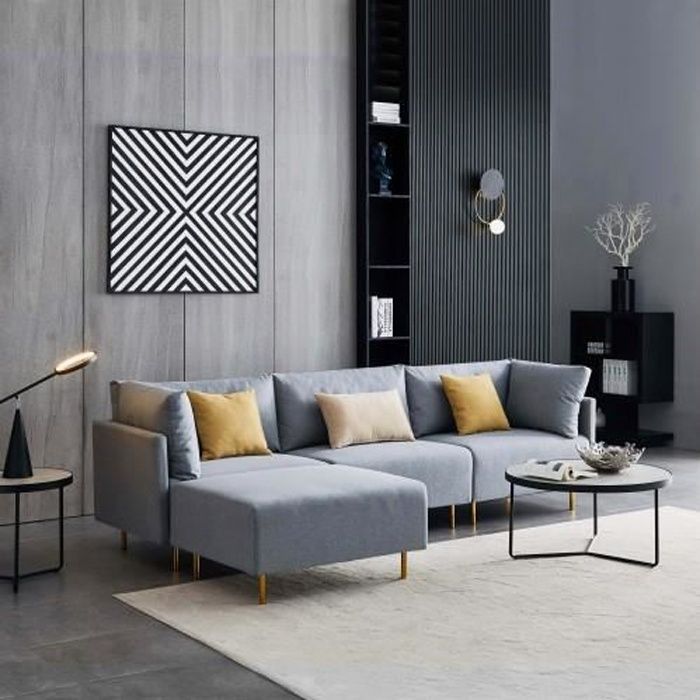 Canapé Sofa confortable en lin, forme L, 276 cm - Gris