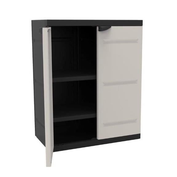 TITANIUM PLASTIKEN Armoire basse 2 portes avec étagères l70 x p44 x h88 cm Beige et Noire Gamme TITANIUM Intérieur/Extérieur