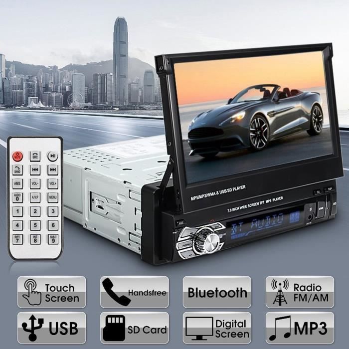 Podofo Autoradio Stéréo 7 Pouces HD Lecteur de Radio Bluetooth Support Télécommande Stéréo Mp5, MP4, USB, SD, AUX, FM, iPod, iPhone