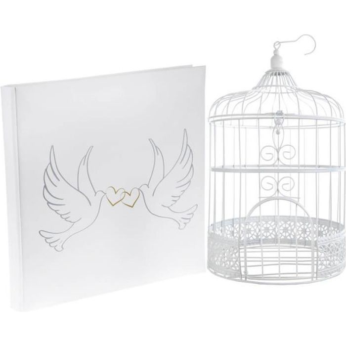1 Pack urne cage et livre d'or mariage colombes REF/3871-4490