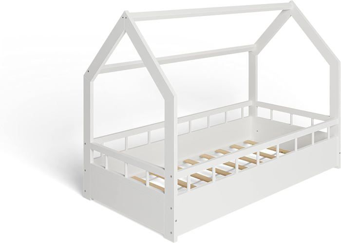MS FACTORY Lit Enfant Bébé Maison 80x160 cm - Lit en Massif Cabane - Style Scandinave - Blanc Barrières