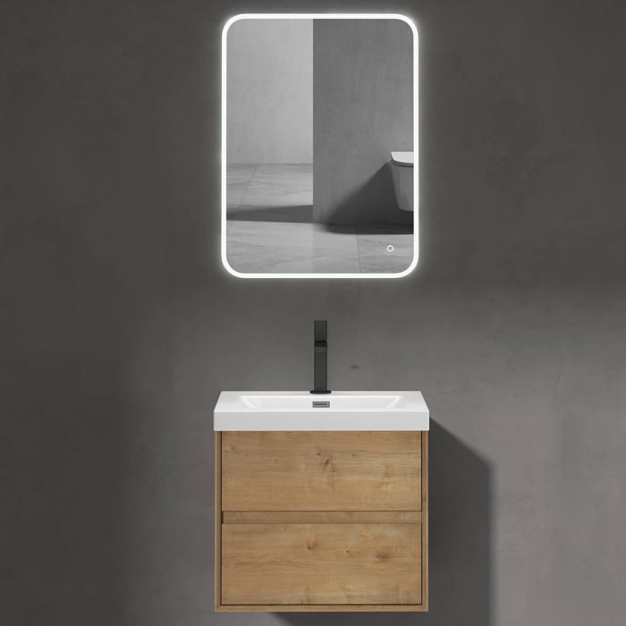 Meuble De Salle De Bains Suspendu 80 Cm - Ensemble 2 Pièces Avec Lavabo, Marron Clair | Soft-close, Rangement, Design Salerno