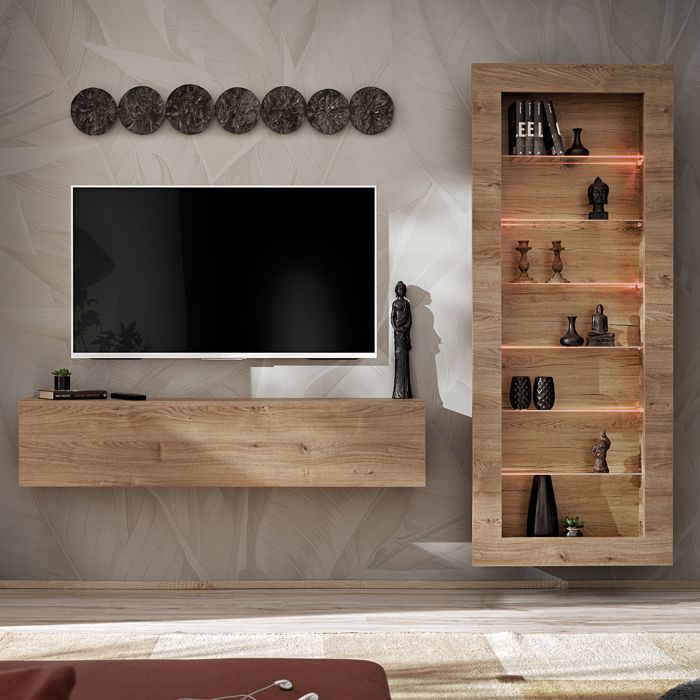 Komodee Meuble TV avec Vitrine Suspendue Como - Chene - Miel Truffe - LED RGB - 211 x 178 x 23 cm Komodee Meuble TV avec Vitrine Suspendue Como - Chene - Miel Truffe - LED RGB - 211 x 178 x 23 cm