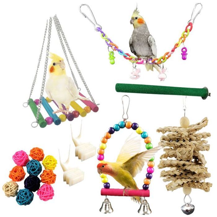 Meilleurs prix pour Lot de 17 Accessoires Suspendus pour Cage Perruche Balanoires et Jouets Mcher PZCC