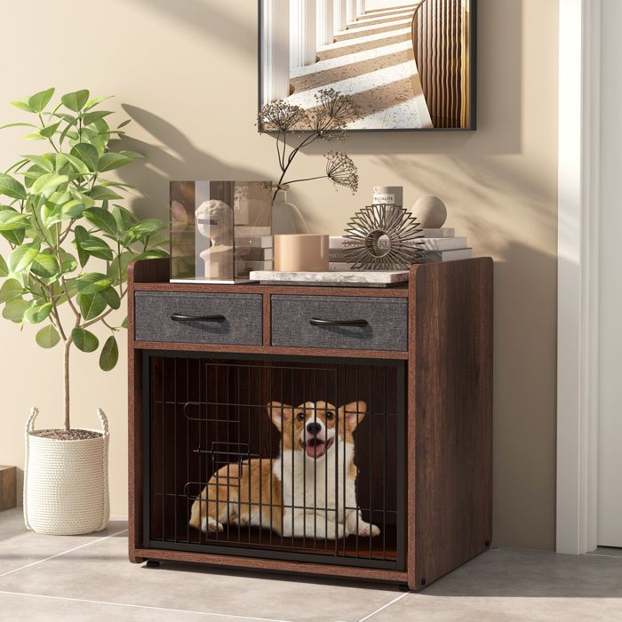 Comparer les prix de COSTWAY Cage pour Chien 2 en 1 avec 2 Tiroirs Amovibles, Porte Verrouillable, pour Chiens de Petite et Moyenne Taille, Marron