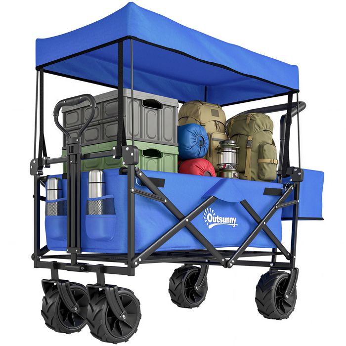 Chariot de transport - Outsunny - pliable tout-terrain 180 L poignée télescopique auvent amovible - acier - 117x55x98cm - bleu