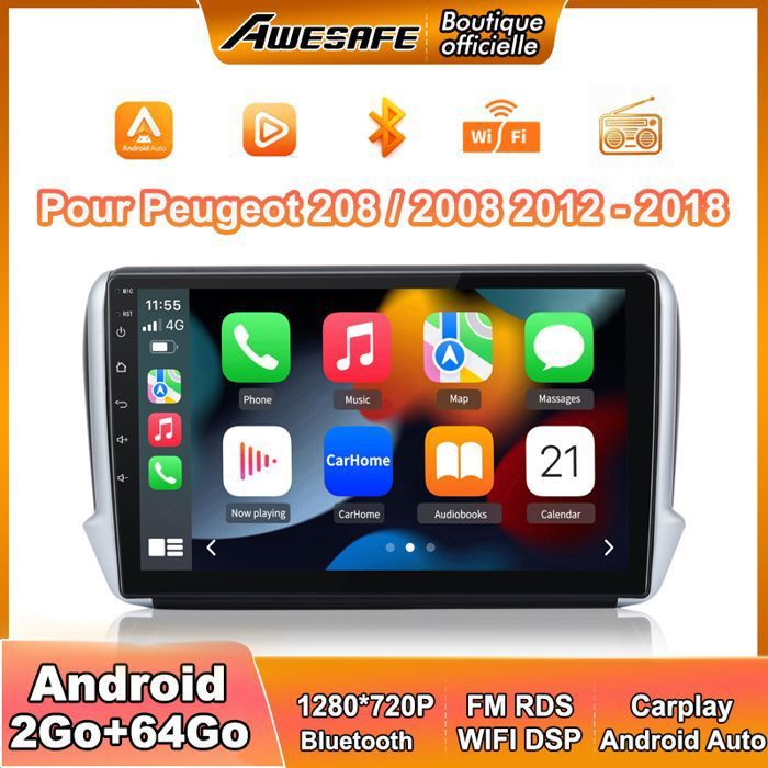 AWESAFE Autoradio Android 13 pour 208/2008 (2Go 64Go) 9'' Écran Carplay Android Auto GPS Bluetooth WiFi FM RDS SWC - Auto
