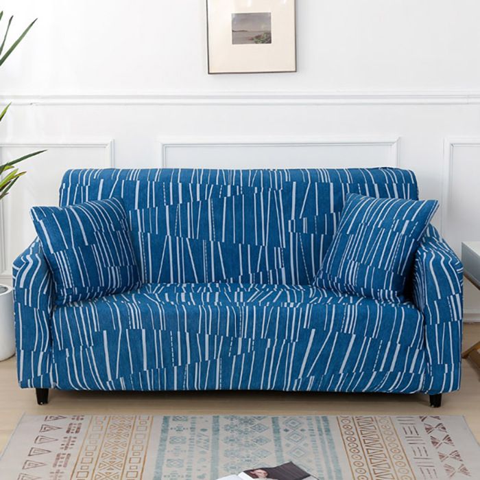 Housse de Canapé Extensible 2 Place Couverture Canapé avec Accoudoirs lignes simples bleu blanc[SFT70]