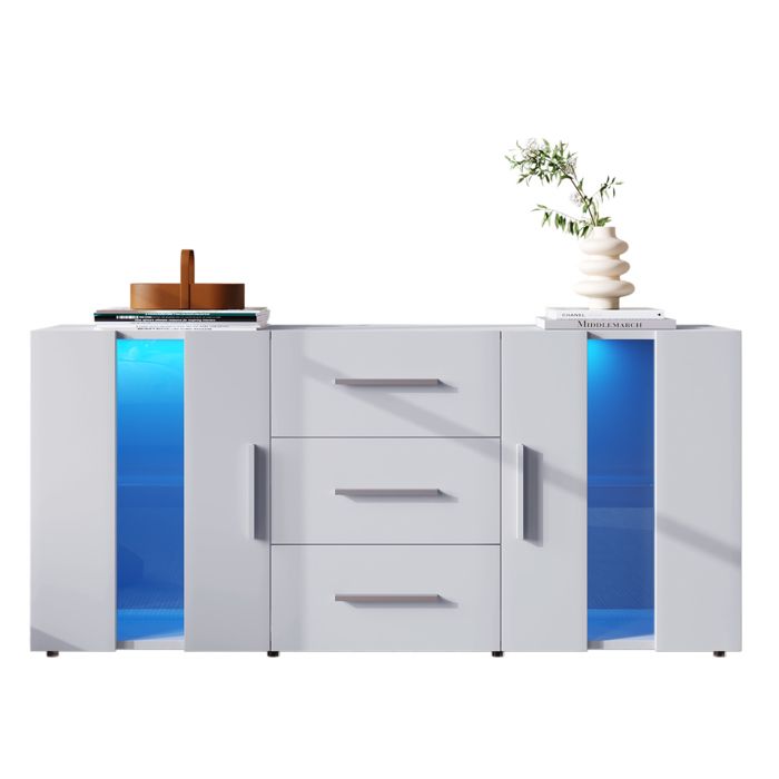 Buffet bas avec LED - 2 portes & 3 tiroirs - étagères réglables - Blanc