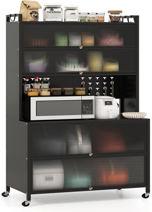 COSTWAY Buffet de Cuisine à Roues à 6 Niveaux Plan de Travail pour Micro-ondes Portes Battantes Crochets Pieds Ajustables Noir