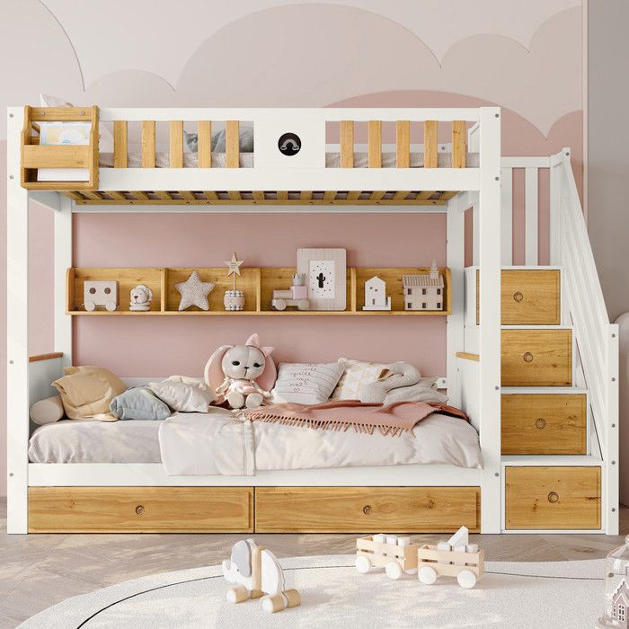 Lit superposé enfant avec escalier rangement Tiroirs & Étagères & Casiers Lit sécurisé EN747 - Blanc+Naturel 90x200cm