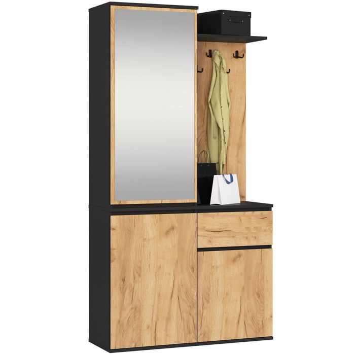 Ensemble de meubles dentrée ENTRO Noir Chêne Craft avec armoire et miroir 95 cm 3 portes 1 tiroir 7 étagères 95x35x183 cm Ensemble de meubles dentrée ENTRO Noir Chêne Craft avec armoire et miroir 95 cm 3 portes 1 tiroir 7 étagères 95x35x183 cm