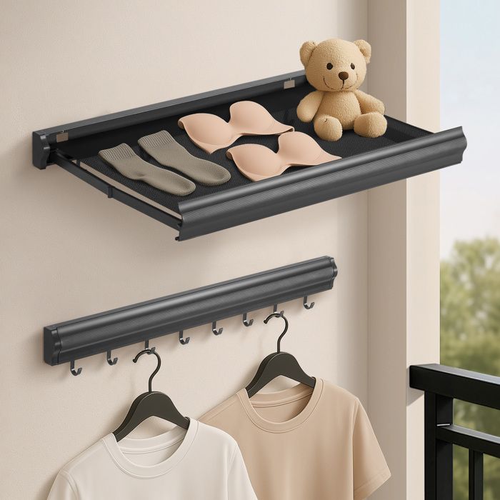 Todeco Sechoir Linge Mural Rétractable avec Étagère Filet & 8 Crochets Etagere Salle De Bain Étendoir à Linge Design Pliable Todeco Sechoir Linge Mural Rétractable avec Étagère Filet & 8 Crochets Etagere Salle De Bain Étendoir à Linge Design Pliable