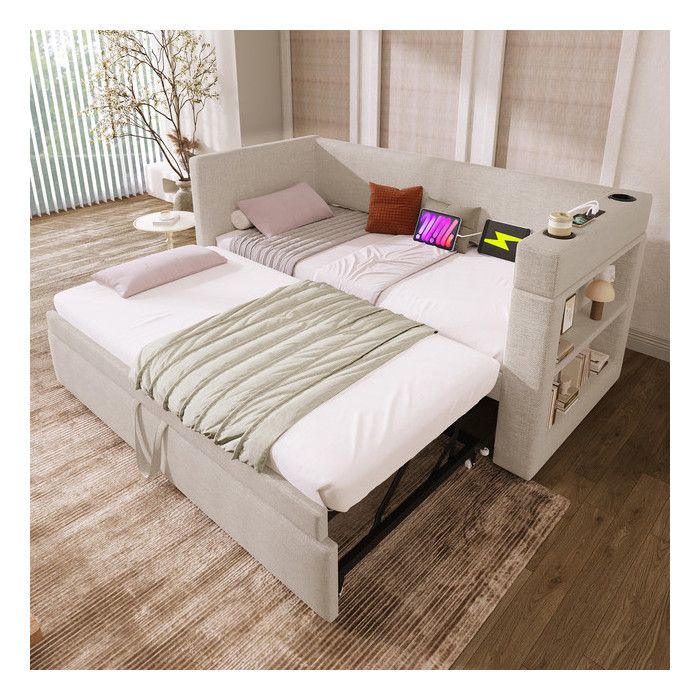 Lit enfant Rembourré 90x190 cm Canapé Lit avec Port de Chargement Usb et Type-C et Porte-Gobelets Lit 1 Personne en Lin Beige