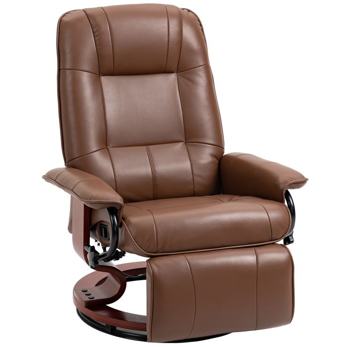 Fauteuil relax inclinable HOMCOM fauteuil de salon repose-pieds réglable pivotant 360° piètement bois PU respirant et doux marron