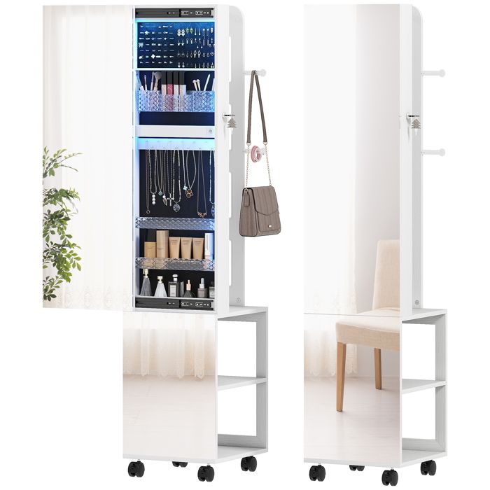Armoire à bijoux - HOMCOM - avec miroir - pivotante à 360° - verrouillable - éclairage LED - cadre blanc doublure noire