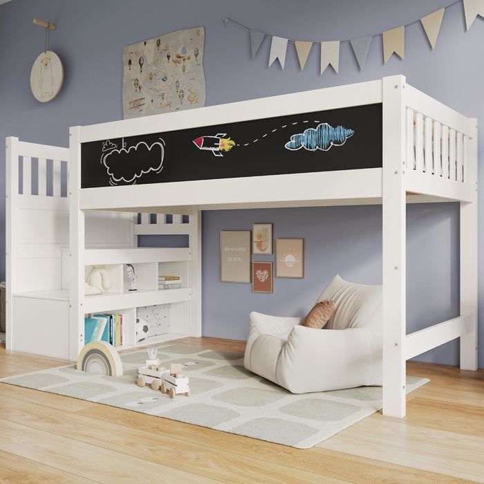 Lit mezzanine enfant - LEMONBEST - 90x200 cm - Tableau décriture interchangeable - Rangement escalier - Protection anti-chute