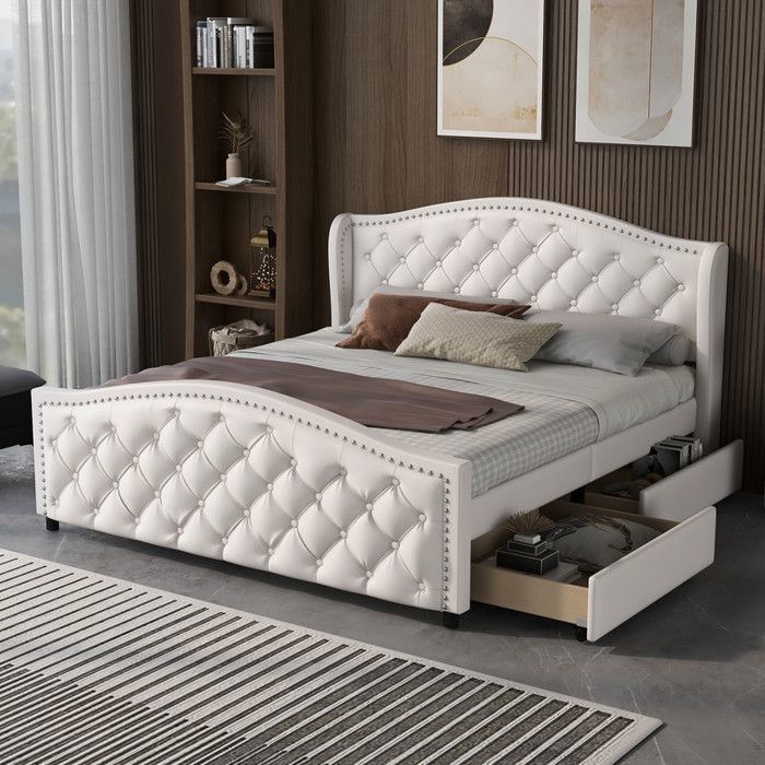 Lit double 140x200 cm - scandinave - Bois & PU - Blanc - Sommier inclus - 2 tiroirs