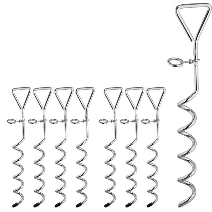 Piquet kit ancrage spirale lot de 8 forme tire-bouchon tente trampoline acier chien 42 cm argenté