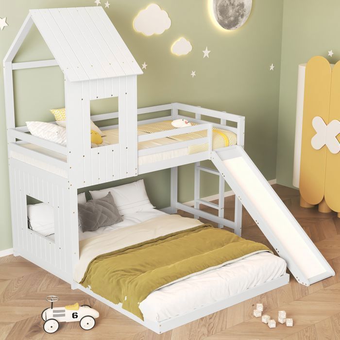 Lit Superposé Enfant Cabane 90x200+140x200 cm - 2/3 Palces - Toboggan & Échelle - 2 Sommiers Inclus - Bois - Blanc