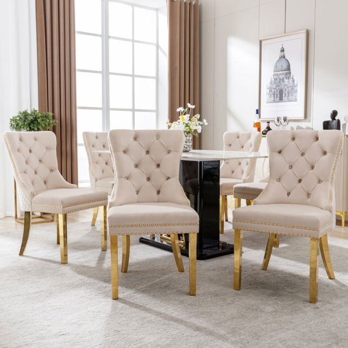 Chaise de Salle à Manger clous décoratifs pieds en acier inoxydable doré revêtement en velours beige et doré