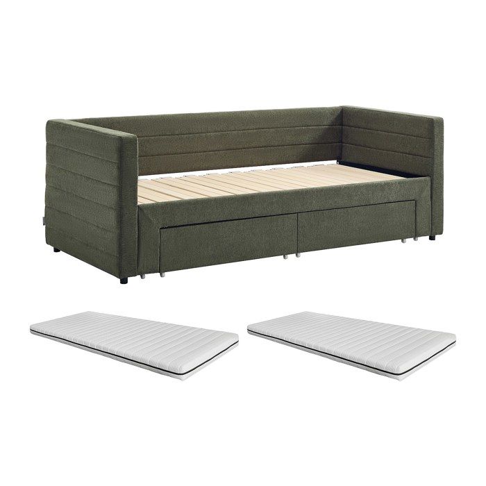Lit gigogne 2 x 80 x 200 cm - Avec sommier peigne et tiroirs - Tissu texturé - Vert + Matelas - CAMITY Lit gigogne 2 x 80 x 200 cm - Avec sommier peigne et tiroirs - Tissu texturé - Vert + Matelas - CAMITY