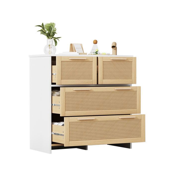 Deuxième génération de sensation chaleureuse de haute qualité 4 tiroirs armoire en rotin avec poignée en bois massif. Idéal