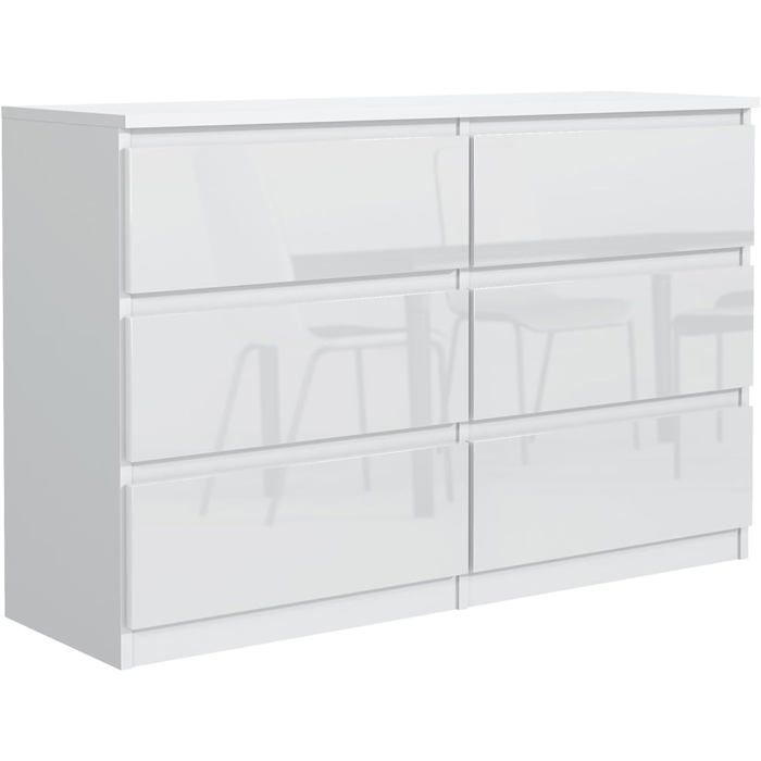 Commode 6 tiroirs - Meblocker - Blanc Brillant 140 cm - Meuble de Rangement Spacieux - Salon Bureau chambre à couche & enfant