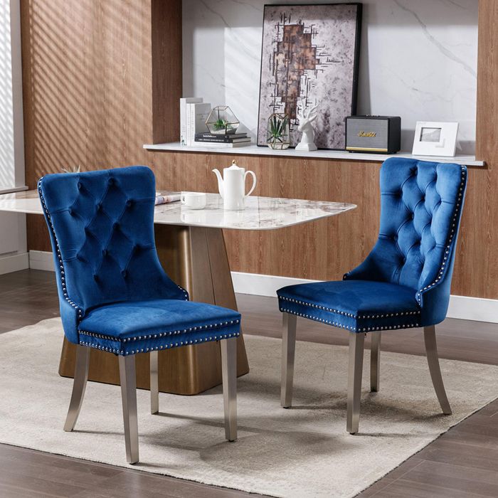 Lot de 2 Chaises de Salle à Manger Chaise de Cuisine Dossier à Ailes Pieds en métal argenté Rembourrée Bleu velours