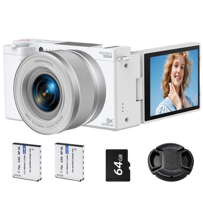 CAMPARK Appareil Photo Numérique 5K 72MP Caméra vidéo Vlogging 6X Zoom Optique 2.8 écran rotatif à 270° Carte TF 64GB