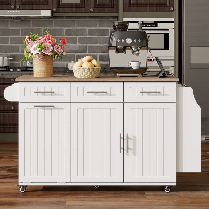 Îlot de cuisine avec prises électriques buffet moderne à roulettes avec plan de travail rabattable et compartiment poubelle blanc