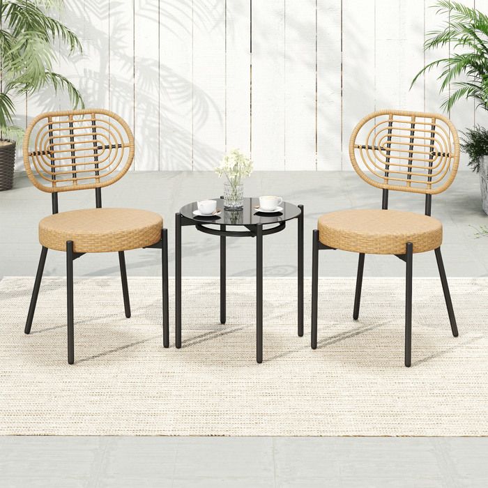 Ensemble 3 PCS Table et Chaises de Jardin COSTWAY Fauteuils en Résine Tressée PE Table Basse en Verre Trempé Extérieur Intérieur Ensemble 3 PCS Table et Chaises de Jardin COSTWAY Fauteuils en Résine Tressée PE Table Basse en Verre Trempé Extérieur Intérieur