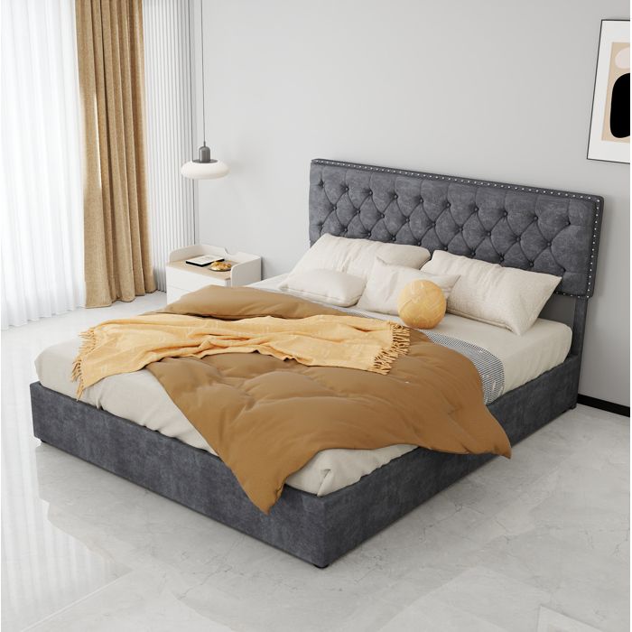 MEUBLIV Lit coffre lit adulte 140x200 cm avec espace de rangement et tête de lit haute velours gris sans matelas