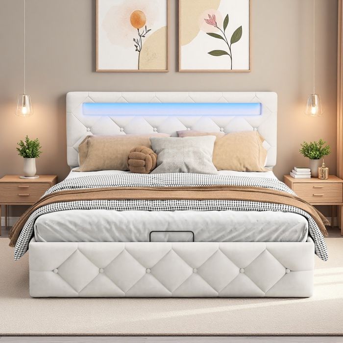 Lit 160x200 cm Lit coffre adulte 160x200 cm avec sommier à lattes Structure de lit LED 2 personnes Coffre de rangement Beige