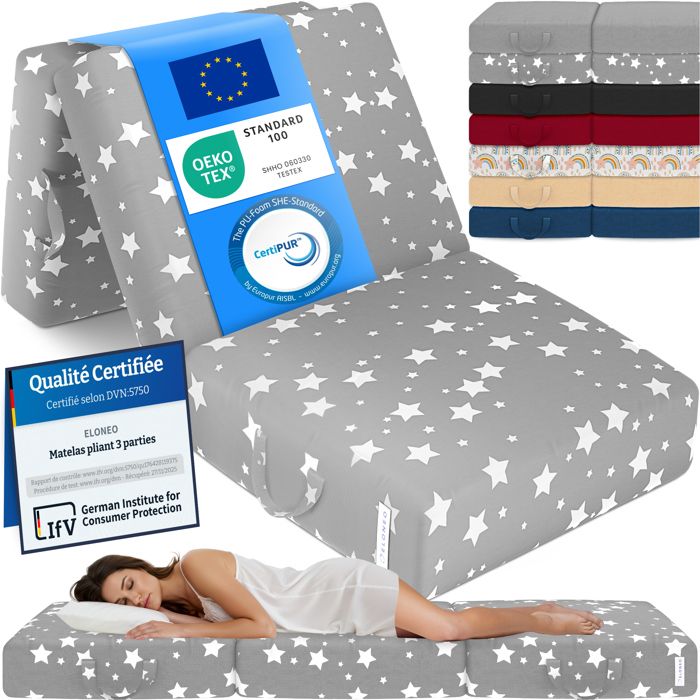 ELONEO Matelas Pliant 3 Parties Mousse Épaisse 15 cm Lavable Pour Adulte 75x195x15 cm gris avec motif étoiles