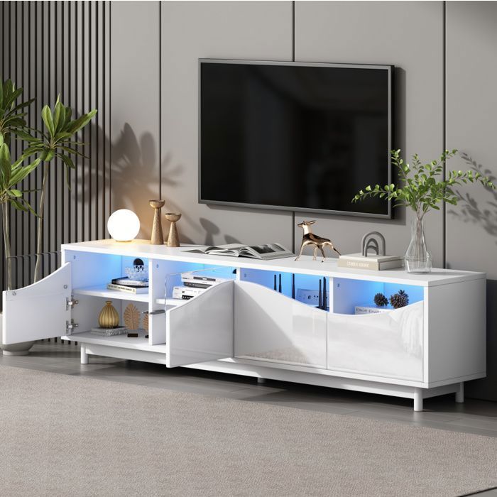Meuble TV blanc brillant L 175 x P 38 x H 51 cm portes verre trempé LED Bluetooth pop-open