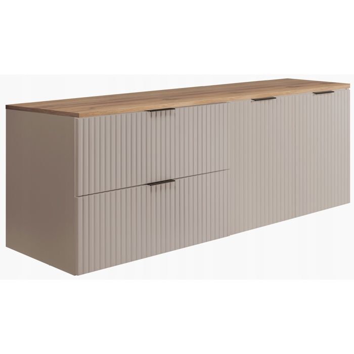 Meuble sous Lavabo 140 cm FLOW - Façades rainurées - avec plan de travail - Cachemire / Chêne artisanal - 140x46x57 cm