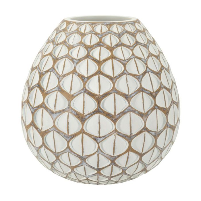 Vase Tibet rond en résine avec finition blanche ancienne - Réf. VK8681847410867