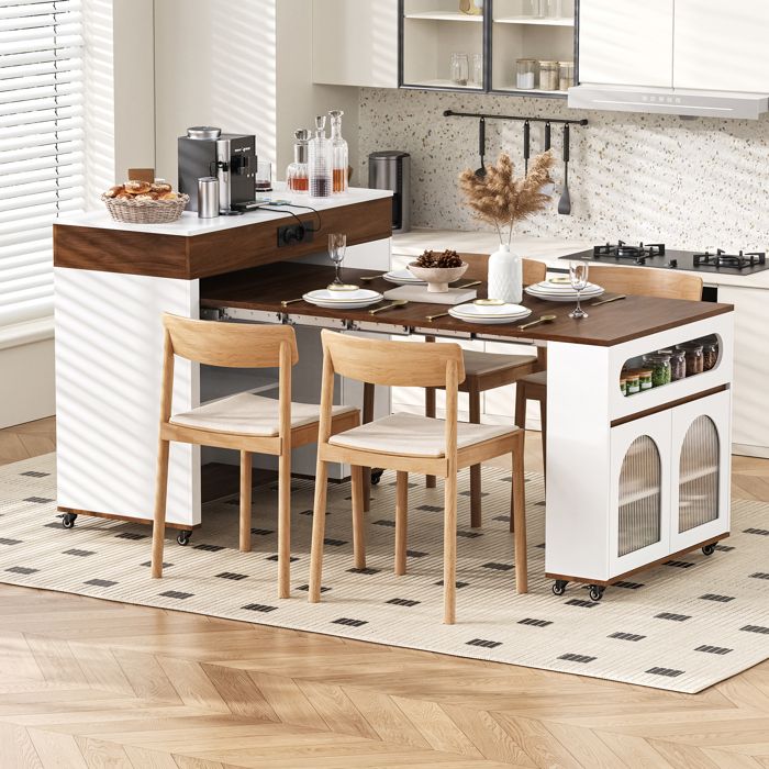 MIVRAY Desserte de Cuisine avec 1 Tiroir 1 Placard et 2 Portes en Verre Cintré Table Extensible avec Prises MDF Blanc et Noyer