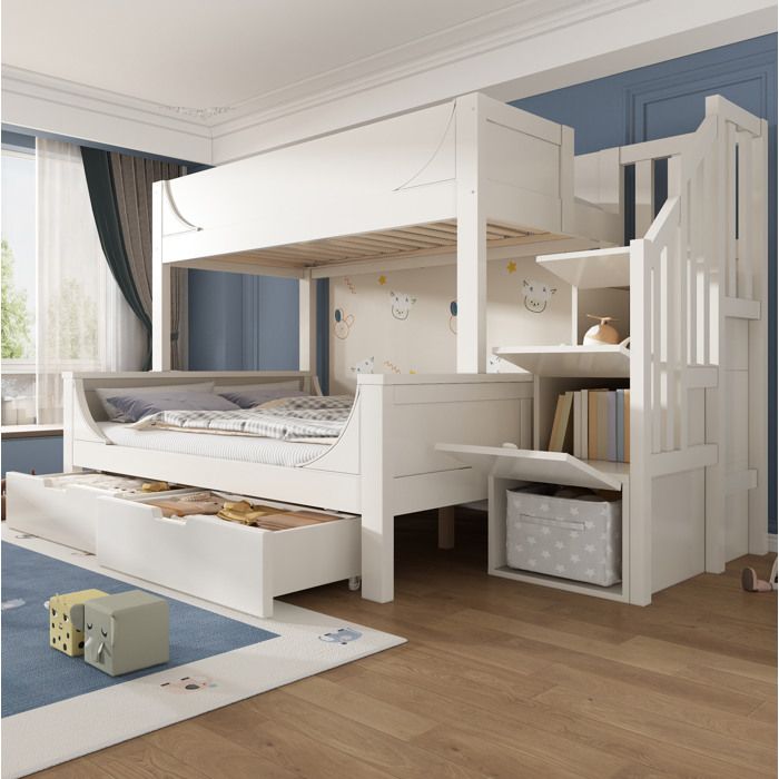 Lit superposé blanc pour enfant avec armoire-échelle tiroirs et sommier