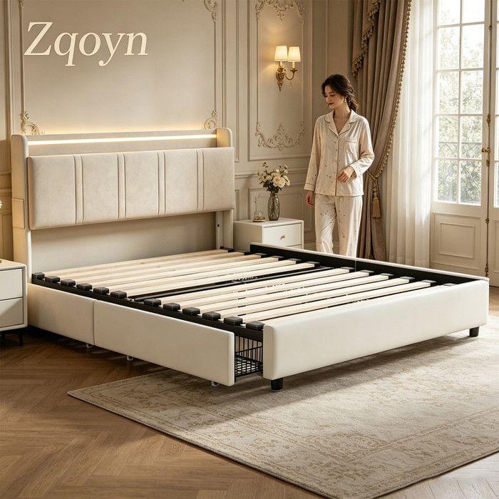 Lit 160x200 cm Lit double avec LED et 4 tiroirs et USB lit adulte avec sommier à lattes Zqoyn