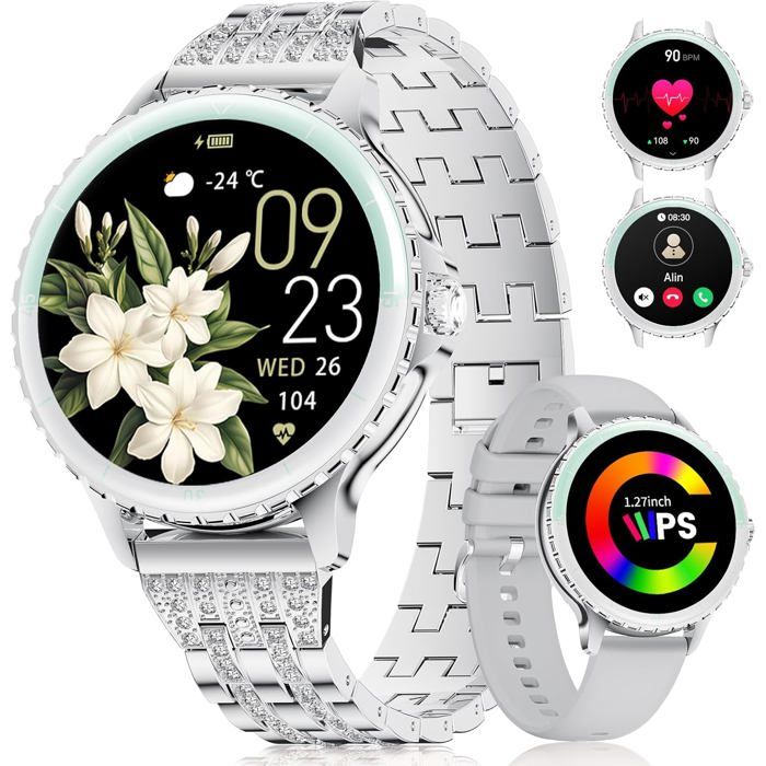 Montre connectée Femme Appels Téléphonique pour Android iOS 1 27 HD Argent Acier Inoxydable Diamant Smartwatch Ronde Fréquence