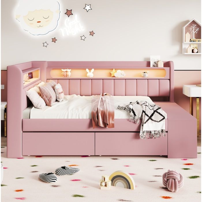 Lit canapé capitonné rose 90 x 200 avec LED USB rangements sans matelas