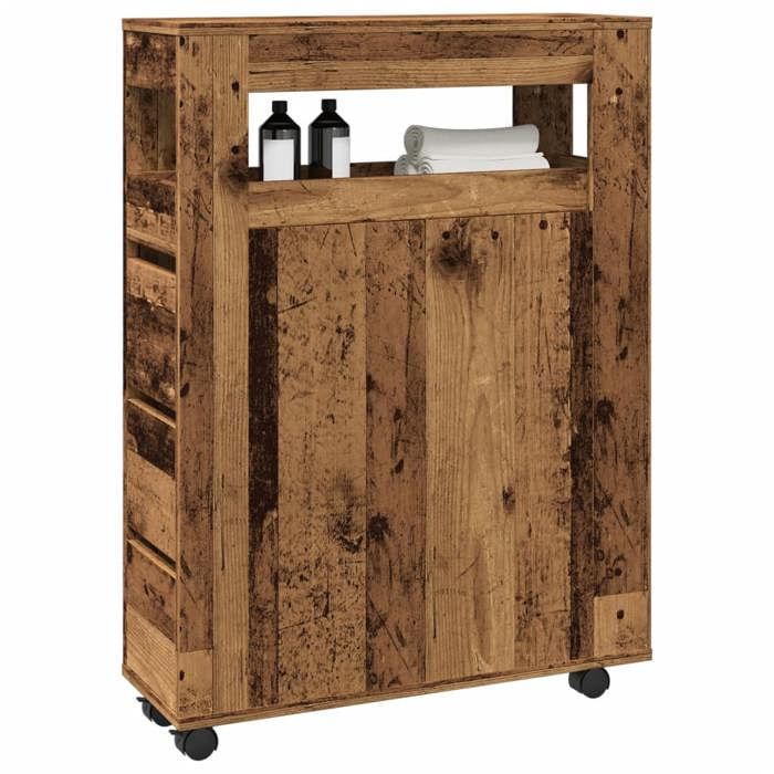Vintage Casier de salle de bain/MEUBLE WC - Brun - Meuble étroit de salle de bain à roulettes vieux bois _008233563