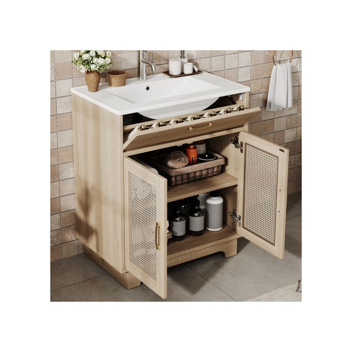Meuble vasque sur pied 76 x 46 x 88 cm avec vasque en céramique portes et rangement en MDF naturel