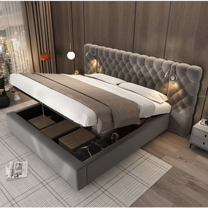 ULEVR lit coffre 160 x 200 cm en velours gris avec sommier à lattes en bois et lampes de lecture