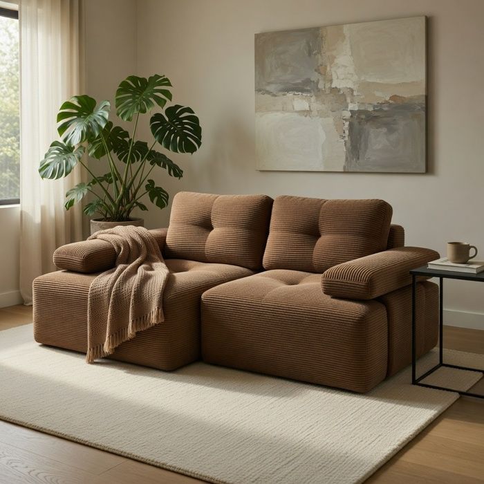 Canapé angle configurable 2 places sans armature cord salon chambre marron