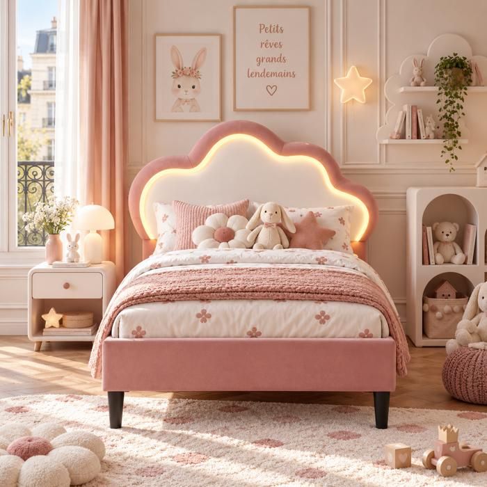 Lit enfant capitonné 90x200 cm lit fille lit simple en forme de nuage avec tête de lit LED réglablecuir PU rose