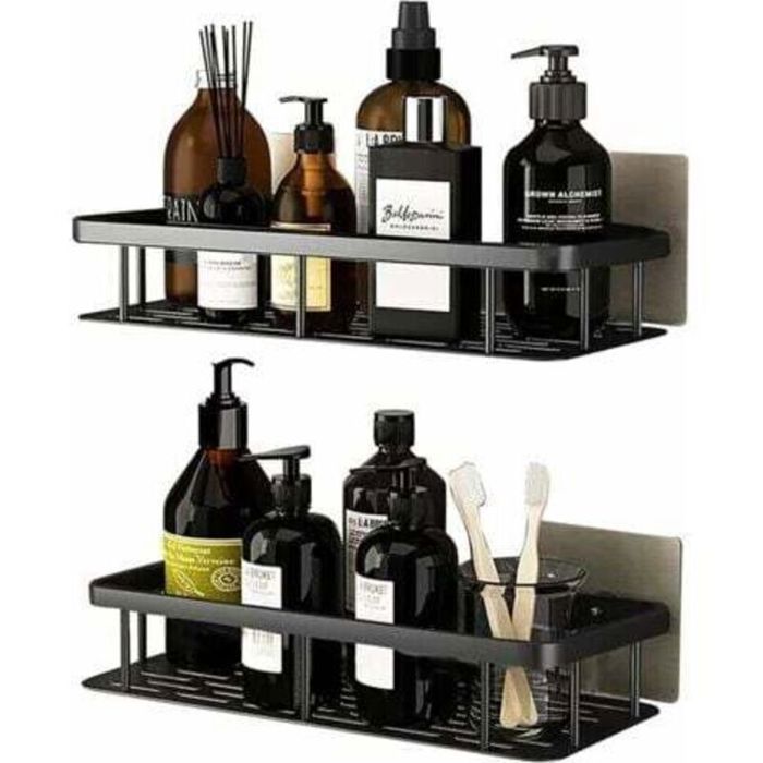 Douche sans perçage en aluminium anti-rouille – Étagère autocollante noire 2 pièces