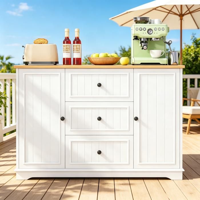 Buffet moderne blanc et bois clair - 3 tiroirs - Porte type réfrigérateur - Étagères réglables - Pour cuisine salle à manger salon